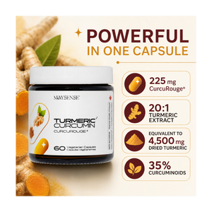 Maysense Turmeric Curcumin capsules in a dark amber jar with a white cap, set against a warm beige background with turmeric roots, a green leaf, and text highlighting key benefits: 225 mg CurcuRouge, 20:1 turmeric extract, equivalent to 4,500 mg dried turmeric, and 35% curcuminoids.