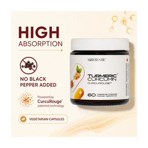 MaySense Turmeric Curcumin dietary supplement bottle on a light beige background with promotional text highlighting high absorption, no black pepper added, and CurcuRouge technology.