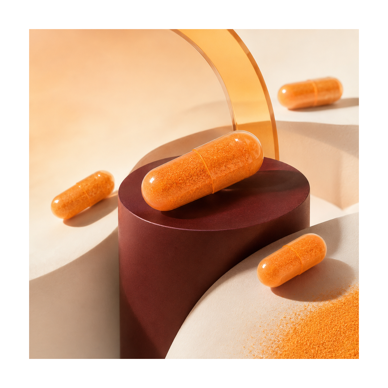Three orange capsules and orange powder scattered on sculptural beige and dark red display blocks in a warm, minimalist studio setup.