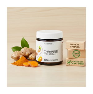 Maysense Turmeric Curcumin with the "Made in Canada" and "GMP Certified" seals, ensuring high-quality manufacturing standards.