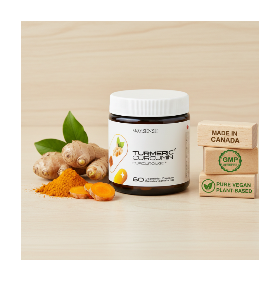 Maysense Turmeric Curcumin with the "Made in Canada" and "GMP Certified" seals, ensuring high-quality manufacturing standards.