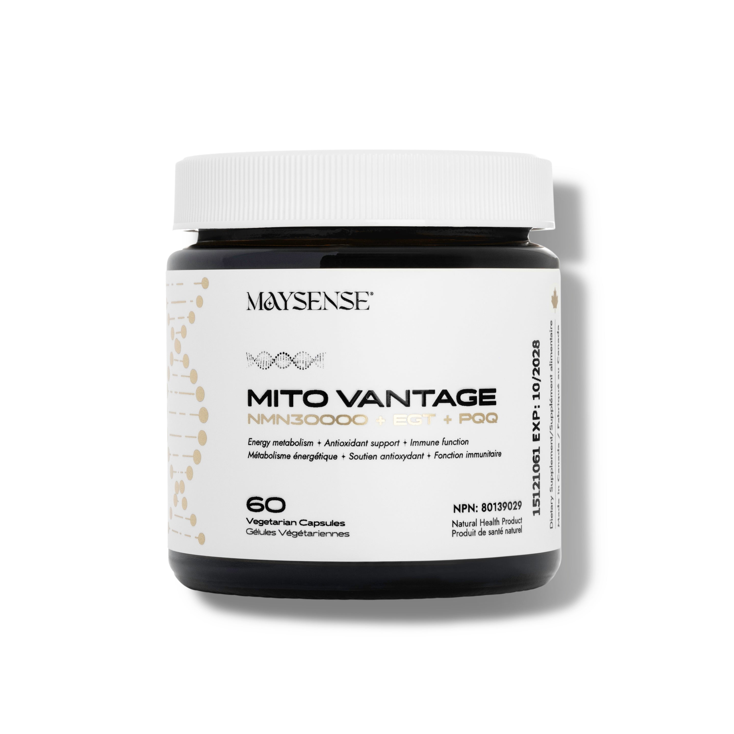 Maysense MitoVantage NMN Supplement Bottle with NPN 80139029, 60 Vegetarian Capsules, Made in Canada