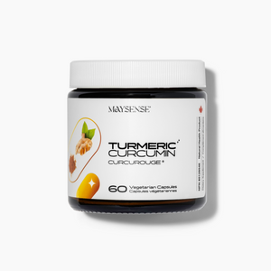 Maysense Turmeric Curcumin bottle featuring CurcuRouge technology, 60 vegan capsules for superior anti-inflammatory support.