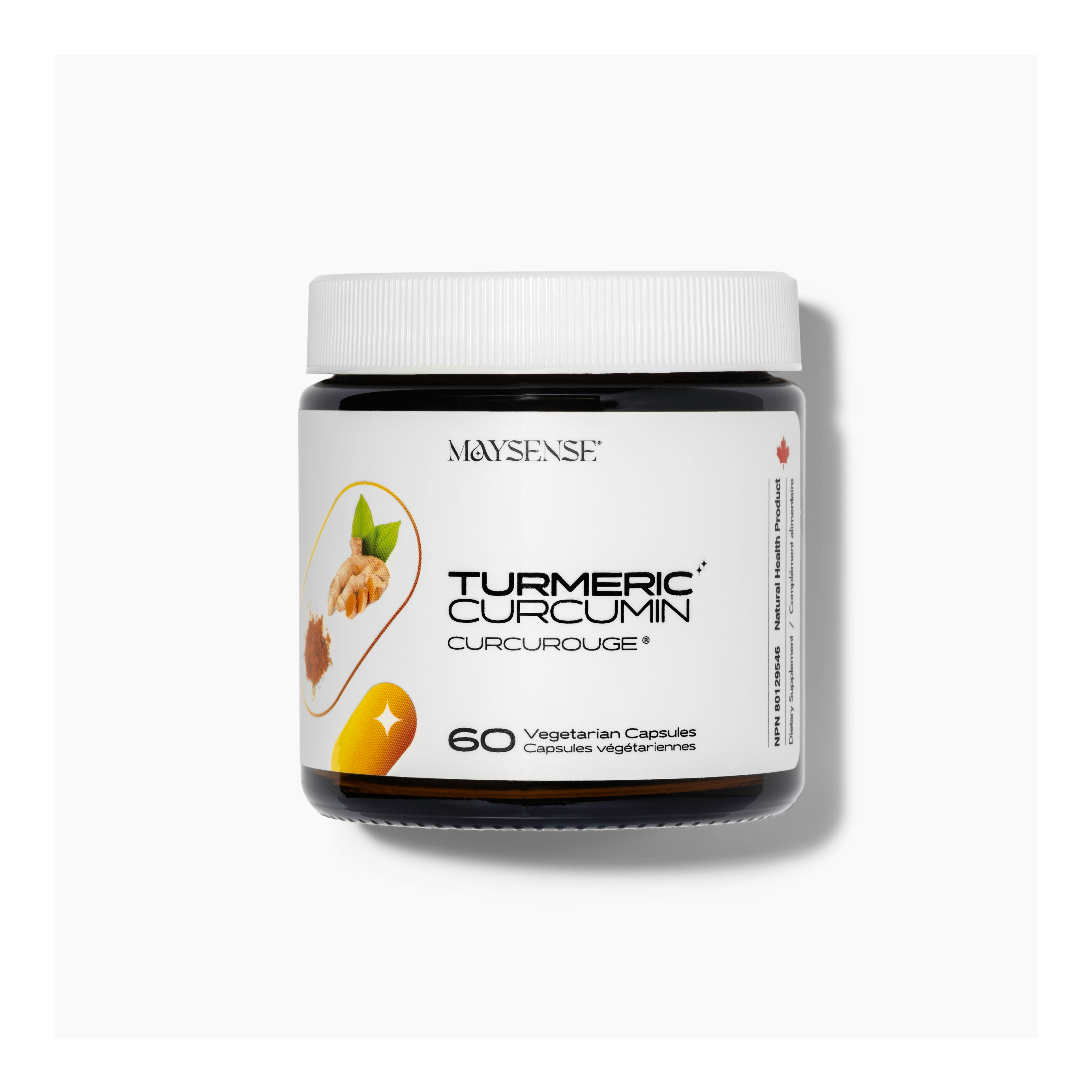 Maysense Turmeric Curcumin bottle featuring CurcuRouge technology, 60 vegan capsules for superior anti-inflammatory support.
