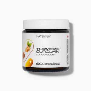Maysense Turmeric Curcumin bottle featuring CurcuRouge technology, 60 vegan capsules for superior anti-inflammatory support.