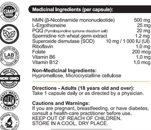 Key medicinal ingredients of MitoVantage: 500mg NMN, L-Ergothioneine, PQQ, Spermidine, and SOD for cellular energy
