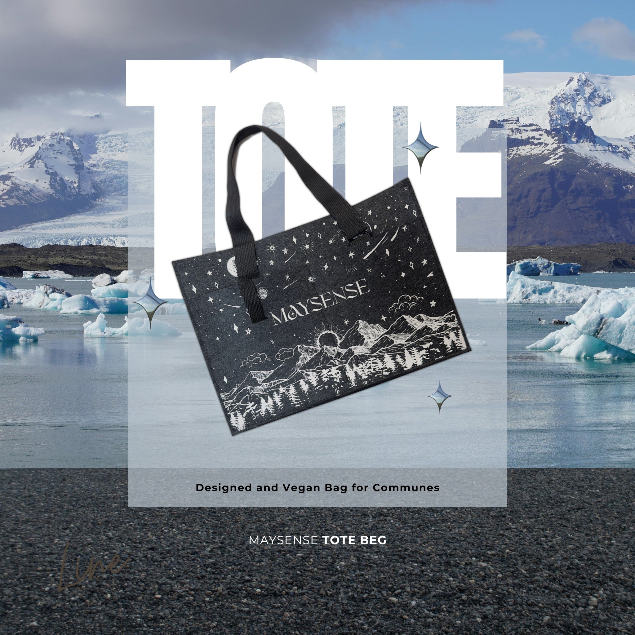 MAYSENSE TOTE BAG poster in a Canadian mountain picutre, showing the style of minimalist, laptop totes & work bags for carry on & travel for women and men