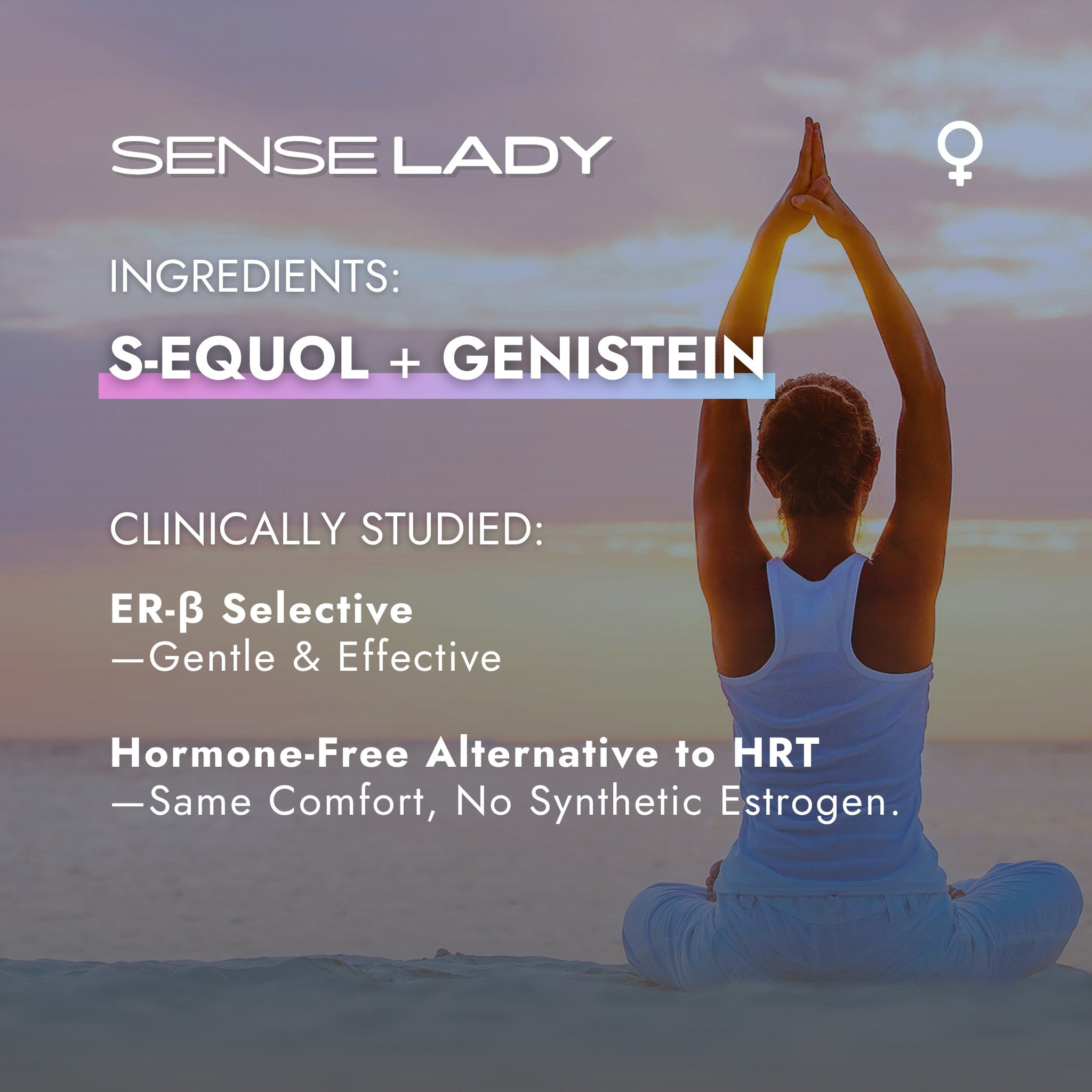 Person meditating on a beach with Sense Lady product with Genistein and S-Equol supplement for women hormone balancing.