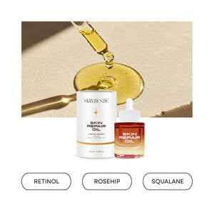 the best retinol oil for face by maysense, with the texture picture in the background of non greasy.