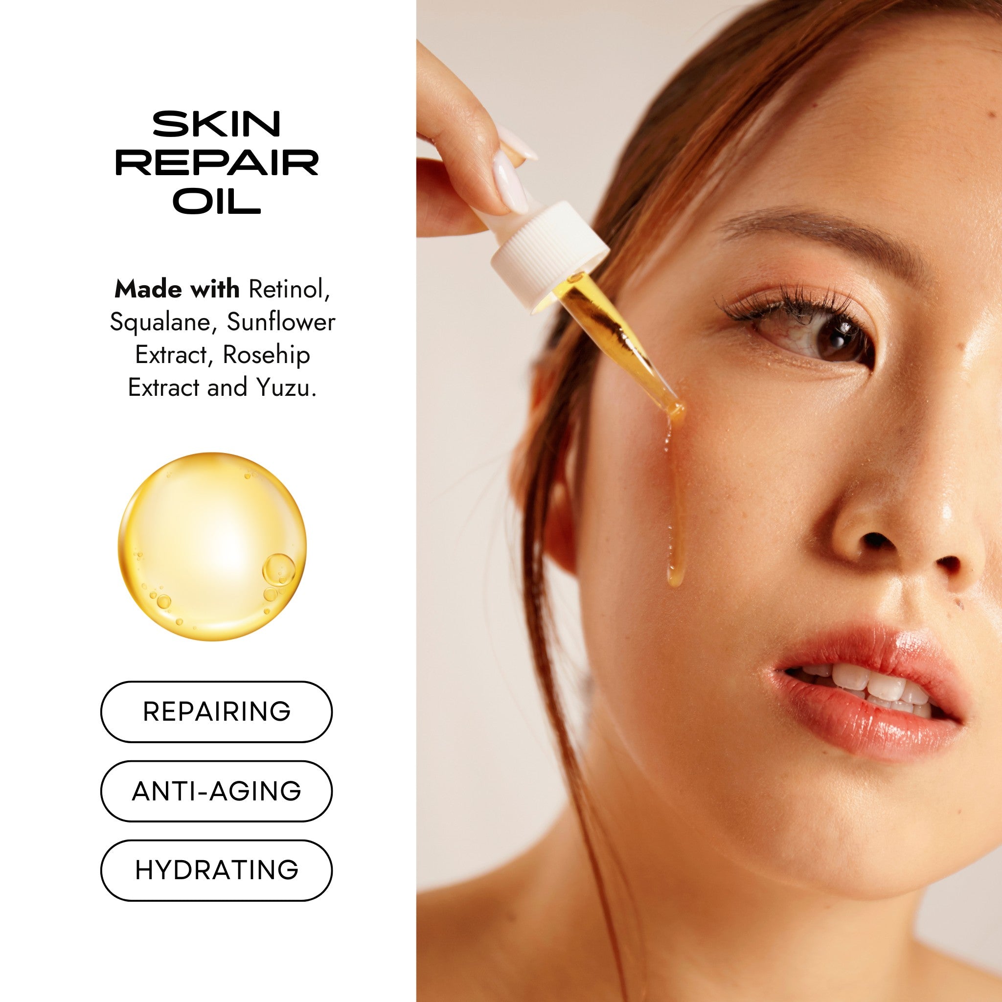 Asian women is holding the pump and dropping the best oil for skin repairing by Maysense skin repair oil, made with retinol, squalane, sunflower extract, rosehip extract and yuzu.