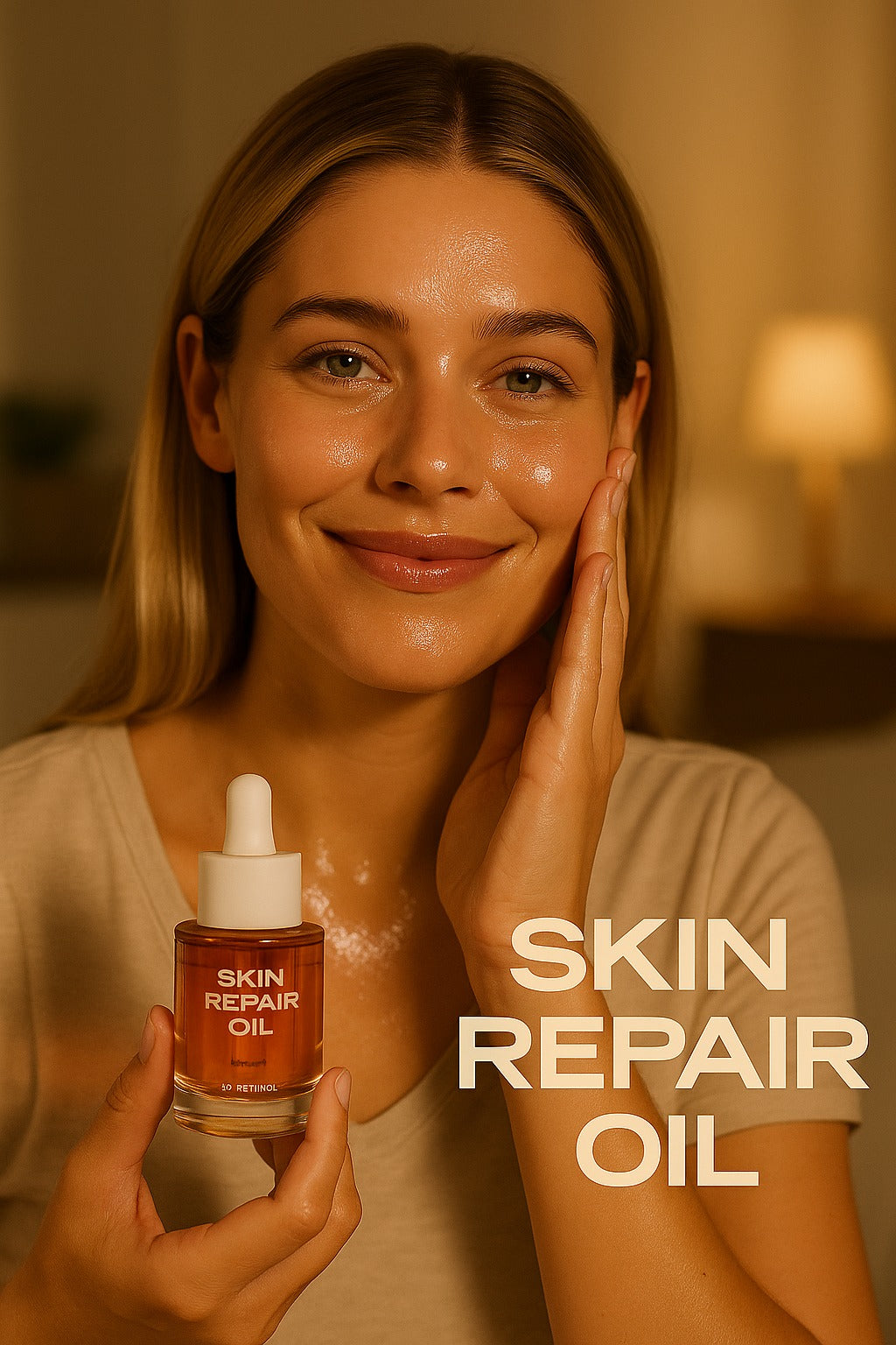 white girl is holding the best oils for skin repair and wrinkles, smiling and be satisfied of Maysense skin repair oil