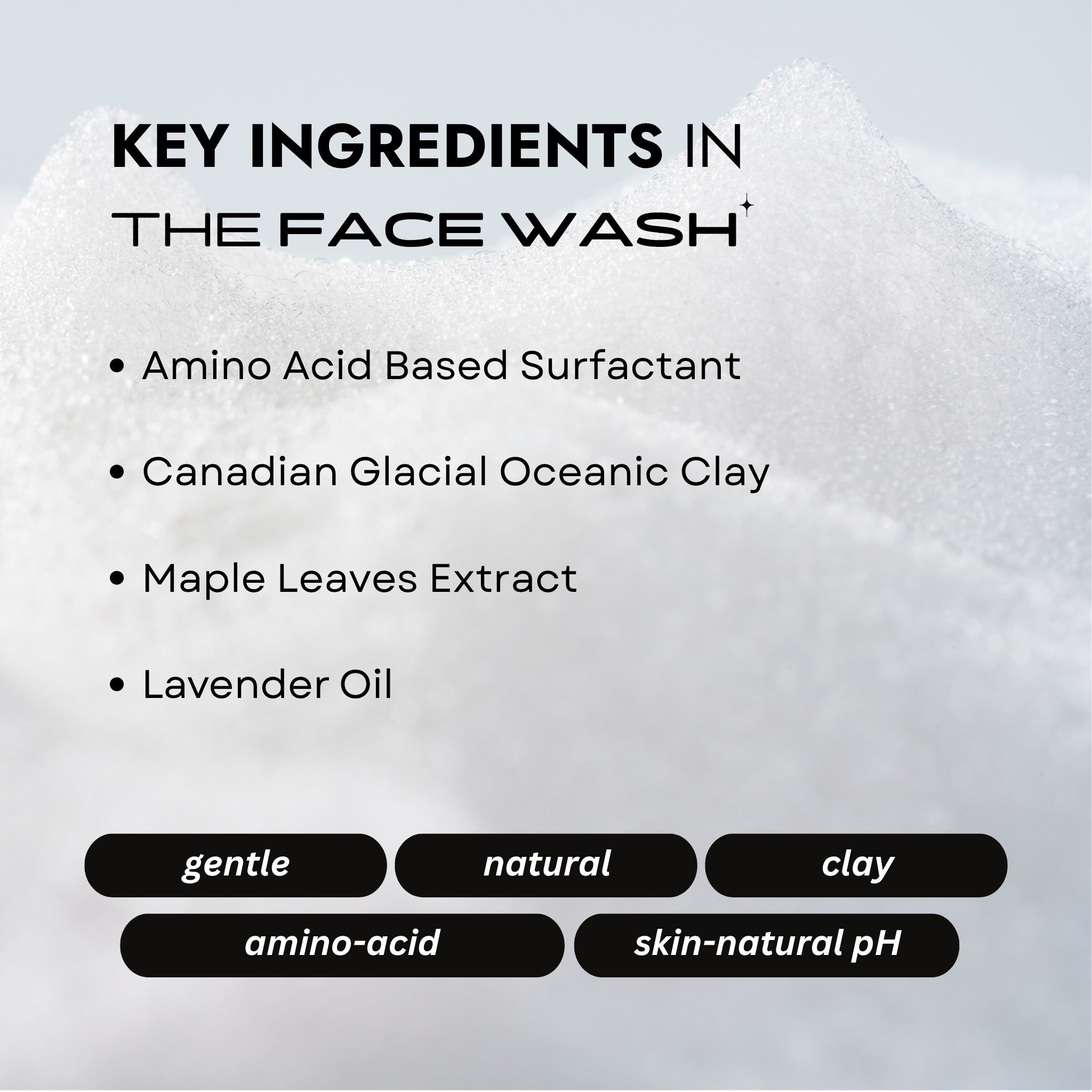 the key ingredients of the pH balanced face wash with amino acid based and canadian clacial oceanic clay by maysense.