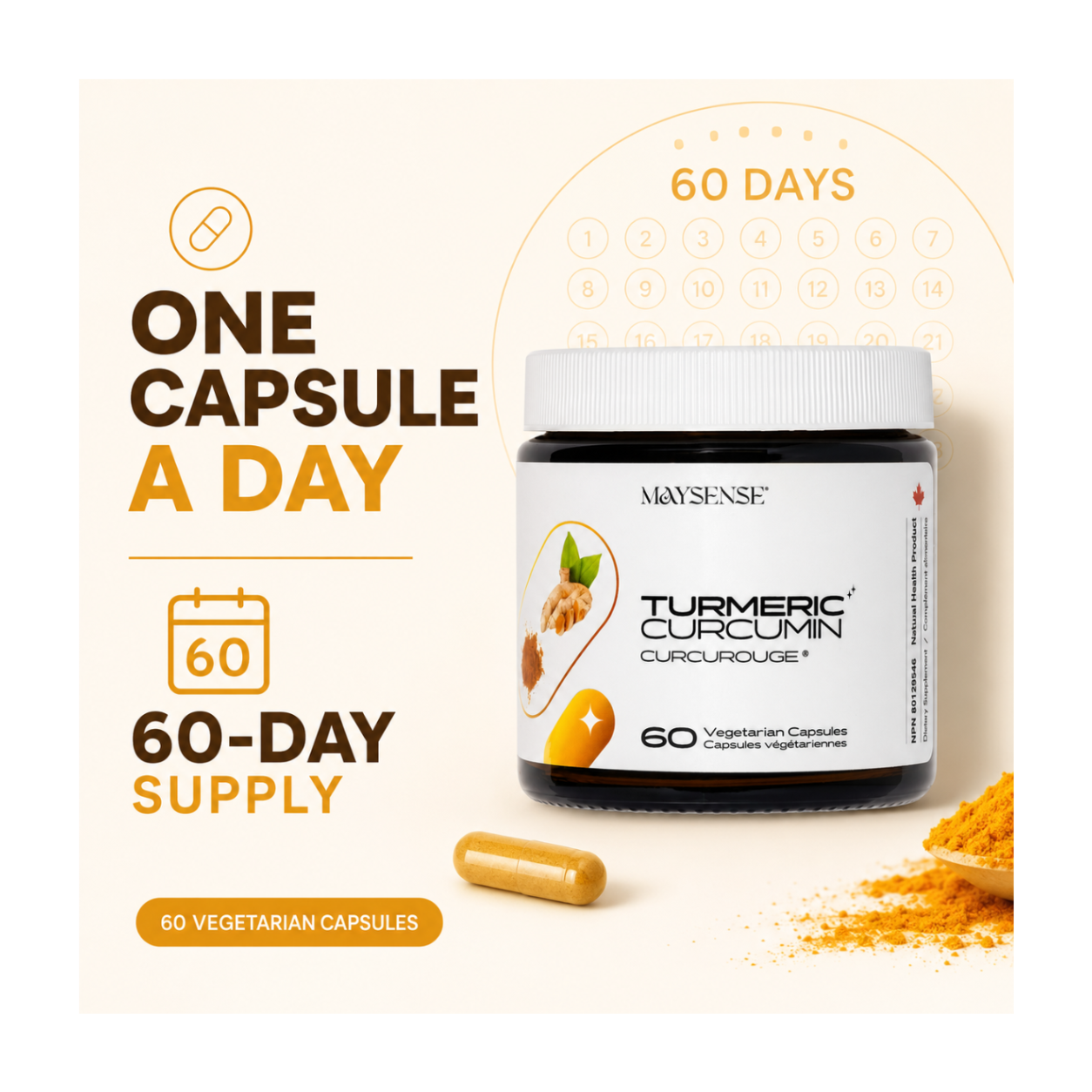 Maysense Turmeric Curcumin dietary supplement jar with a white cap, shown on a warm beige background with promotional text reading 'ONE CAPSULE A DAY' and '60-DAY SUPPLY,' plus a capsule and turmeric powder scattered nearby.