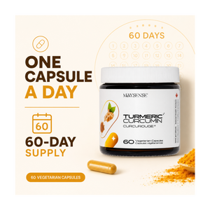 Maysense Turmeric Curcumin dietary supplement jar with a white cap, shown on a warm beige background with promotional text reading 'ONE CAPSULE A DAY' and '60-DAY SUPPLY,' plus a capsule and turmeric powder scattered nearby.