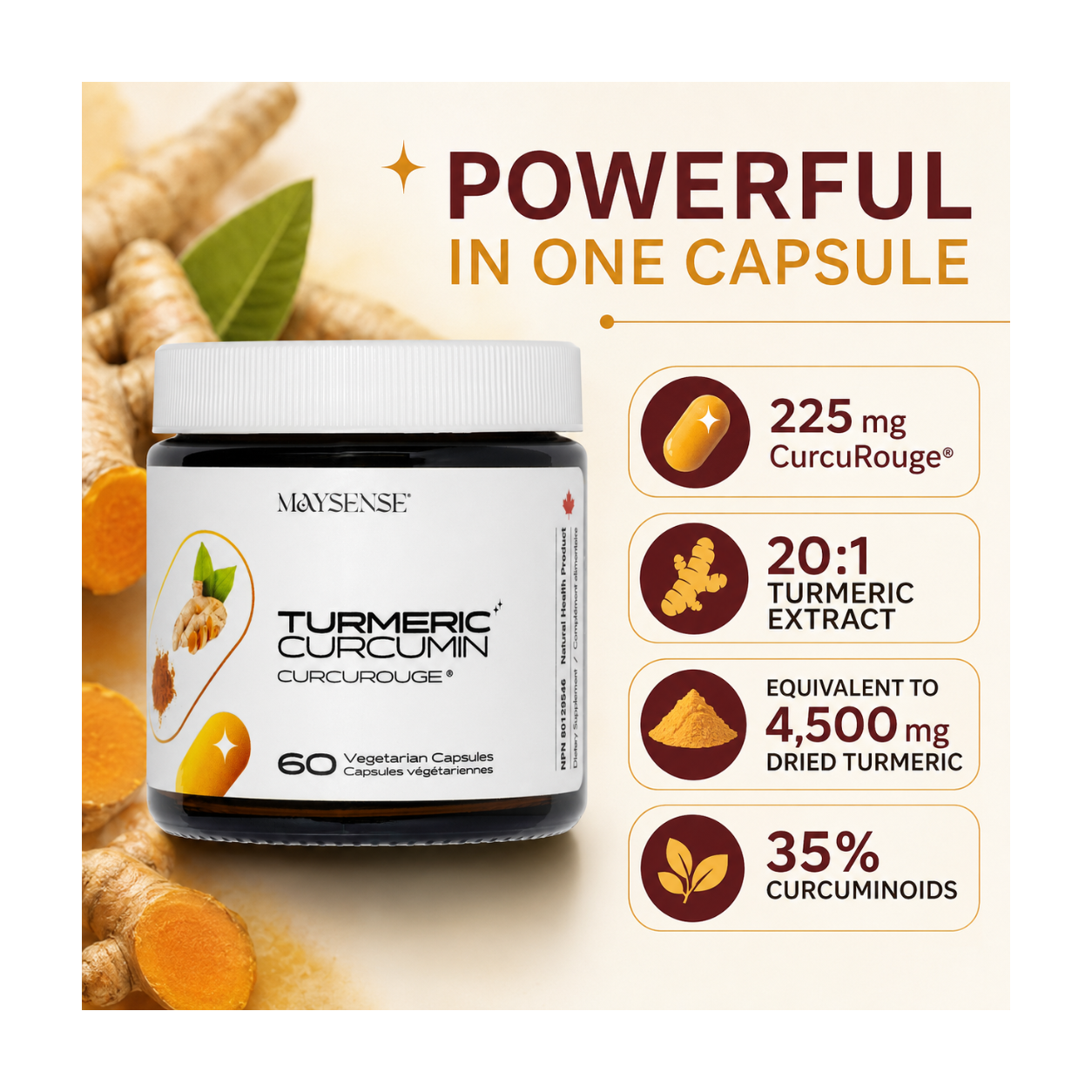 Maysense Turmeric Curcumin capsules in a dark amber jar with a white cap, set against a warm beige background with turmeric roots, a green leaf, and text highlighting key benefits: 225 mg CurcuRouge, 20:1 turmeric extract, equivalent to 4,500 mg dried turmeric, and 35% curcuminoids.