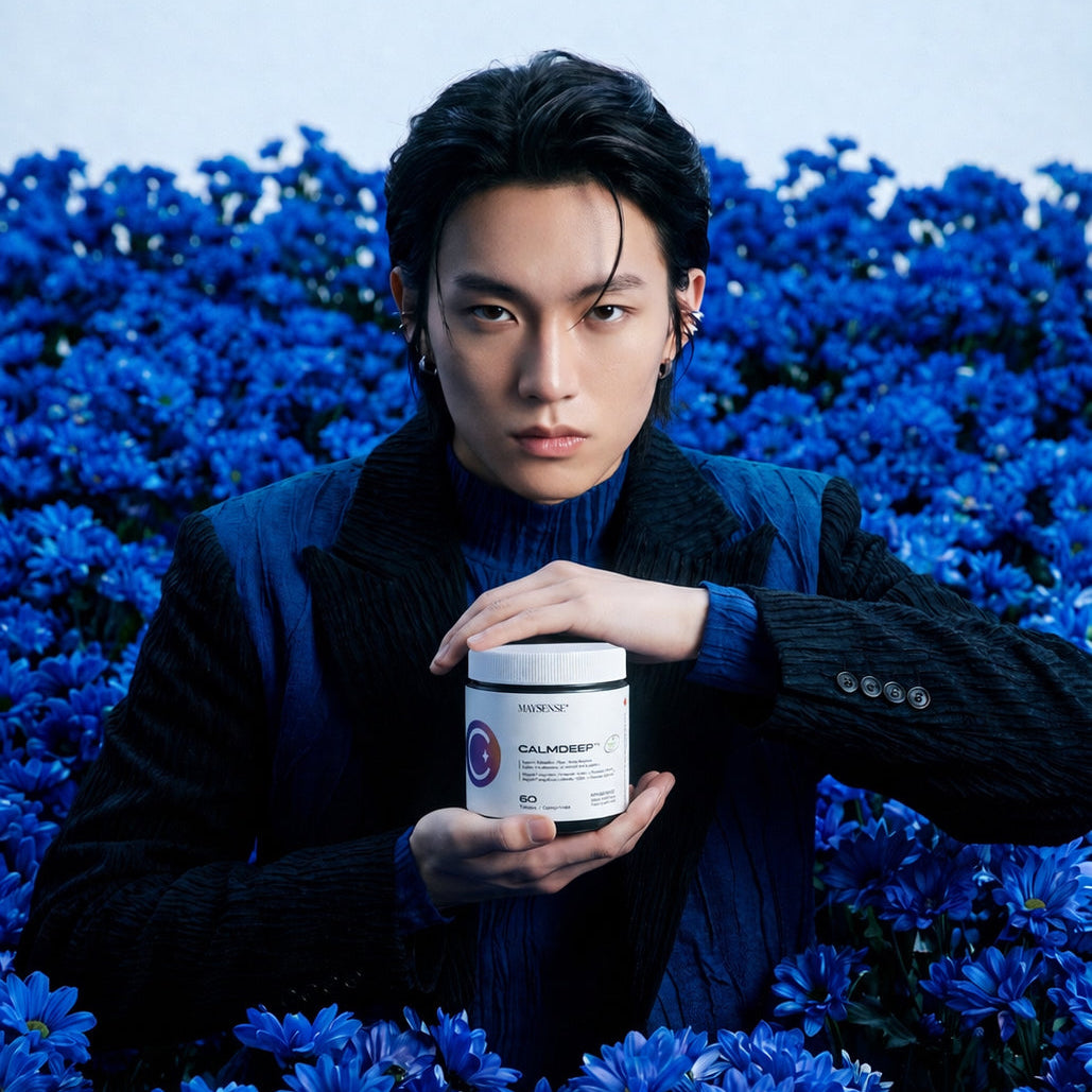 Person holding a jar in a field of blue flowers
