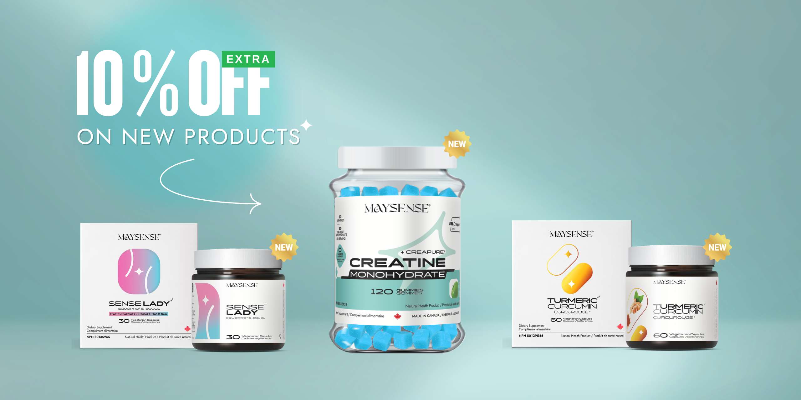 collection pic of 10% Off in new launching products: Senselady, Creatine Gummy, Turmeric Supplement | Maysense