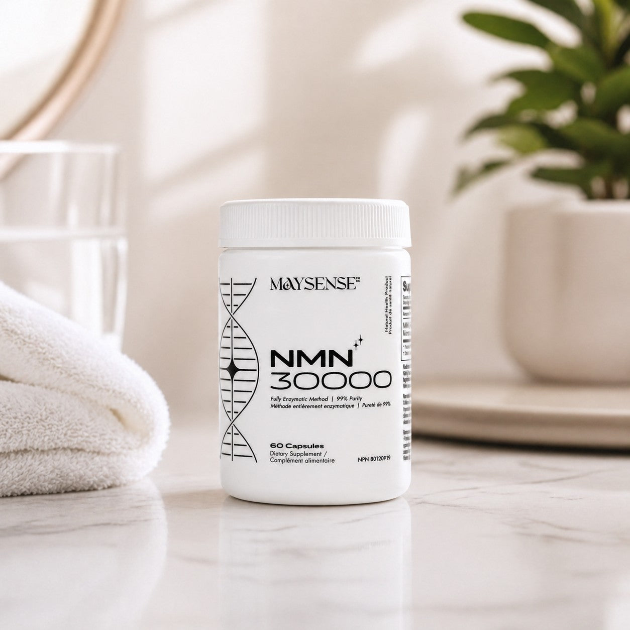 White supplement container labeled 'NMN 30000' by 'Maysense' on a light surface with a blurred background.