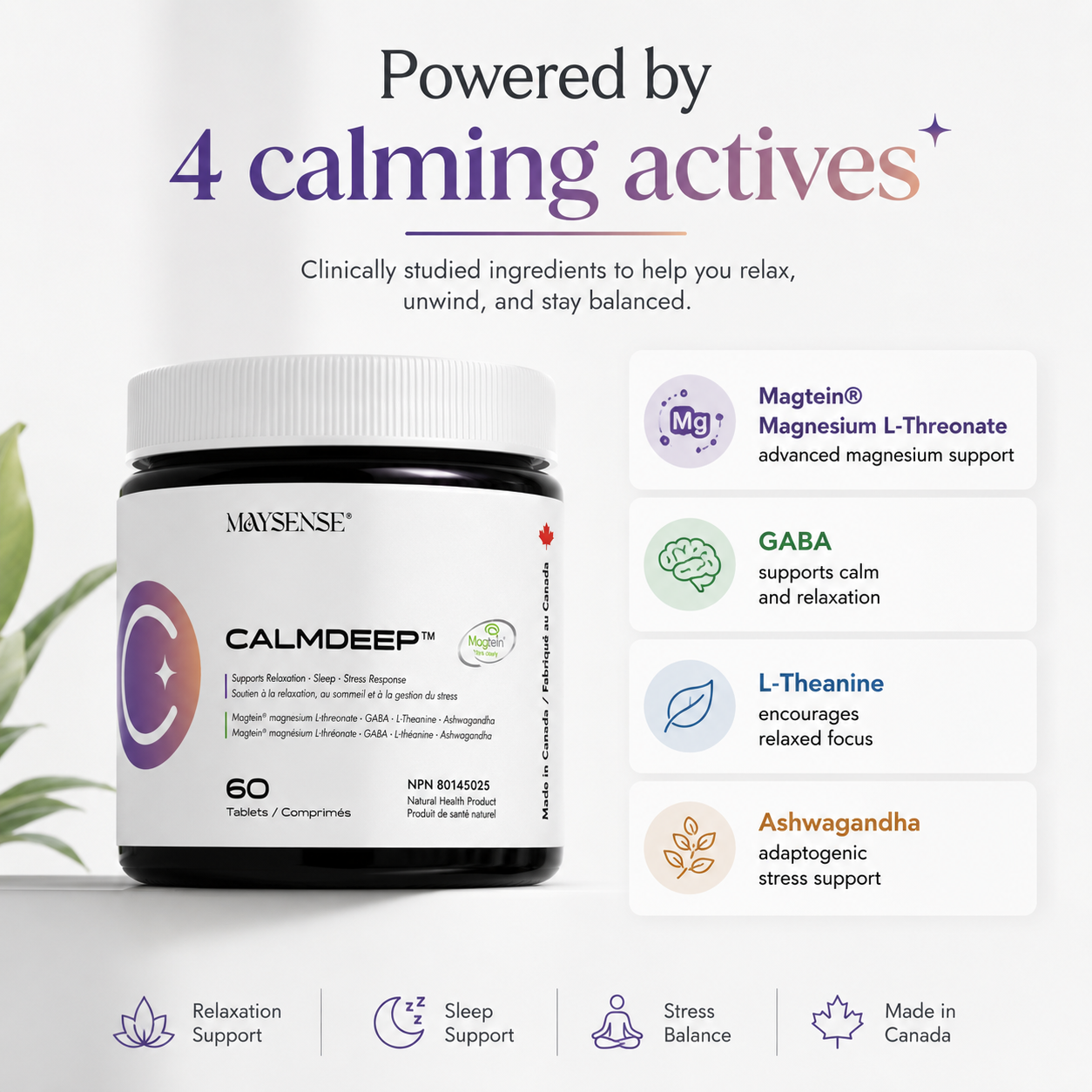 CalmDeep four calming active ingredients Magtein Magnesium L-Threonate GABA L-Theanine and Ashwagandha for relaxation sleep and stress support