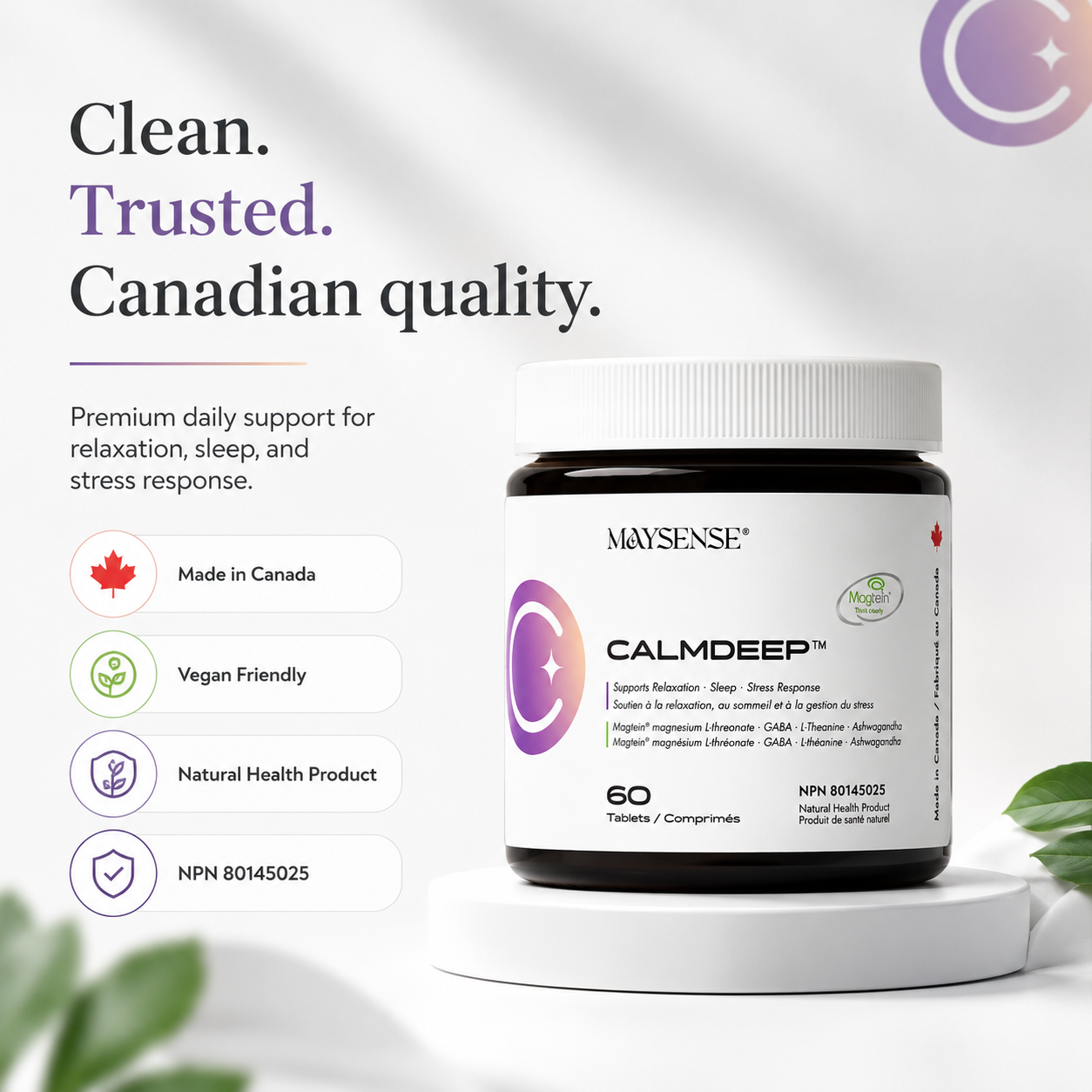 CalmDeep Natural Health Product made in Canada vegan friendly with NPN 80145025 for relaxation sleep and stress response support
