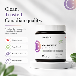 CalmDeep Natural Health Product made in Canada vegan friendly with NPN 80145025 for relaxation sleep and stress response support