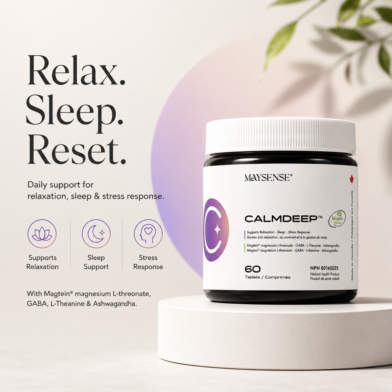 CalmDeep supplement for relaxation sleep support and stress response with Magtein magnesium L-Threonate GABA L-Theanine and Ashwagandha