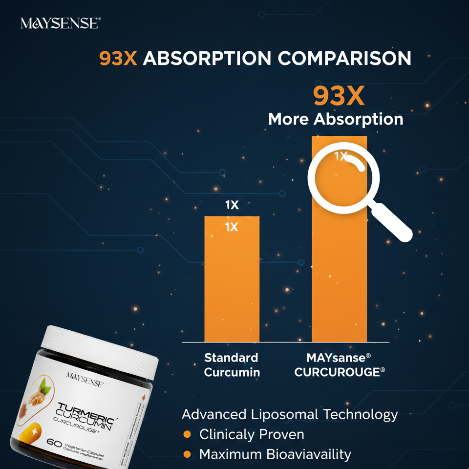 Close-up of Maysense CurcuRouge supplement explaining the 93x higher bioavailability technology for maximum cellular absorption.