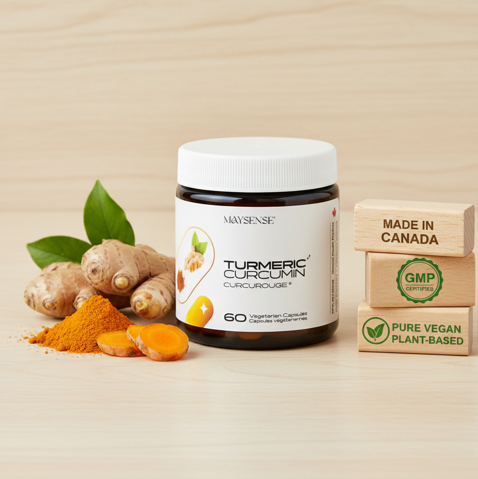 Maysense Turmeric Curcumin with the "Made in Canada" and "GMP Certified" seals, ensuring high-quality manufacturing standards.