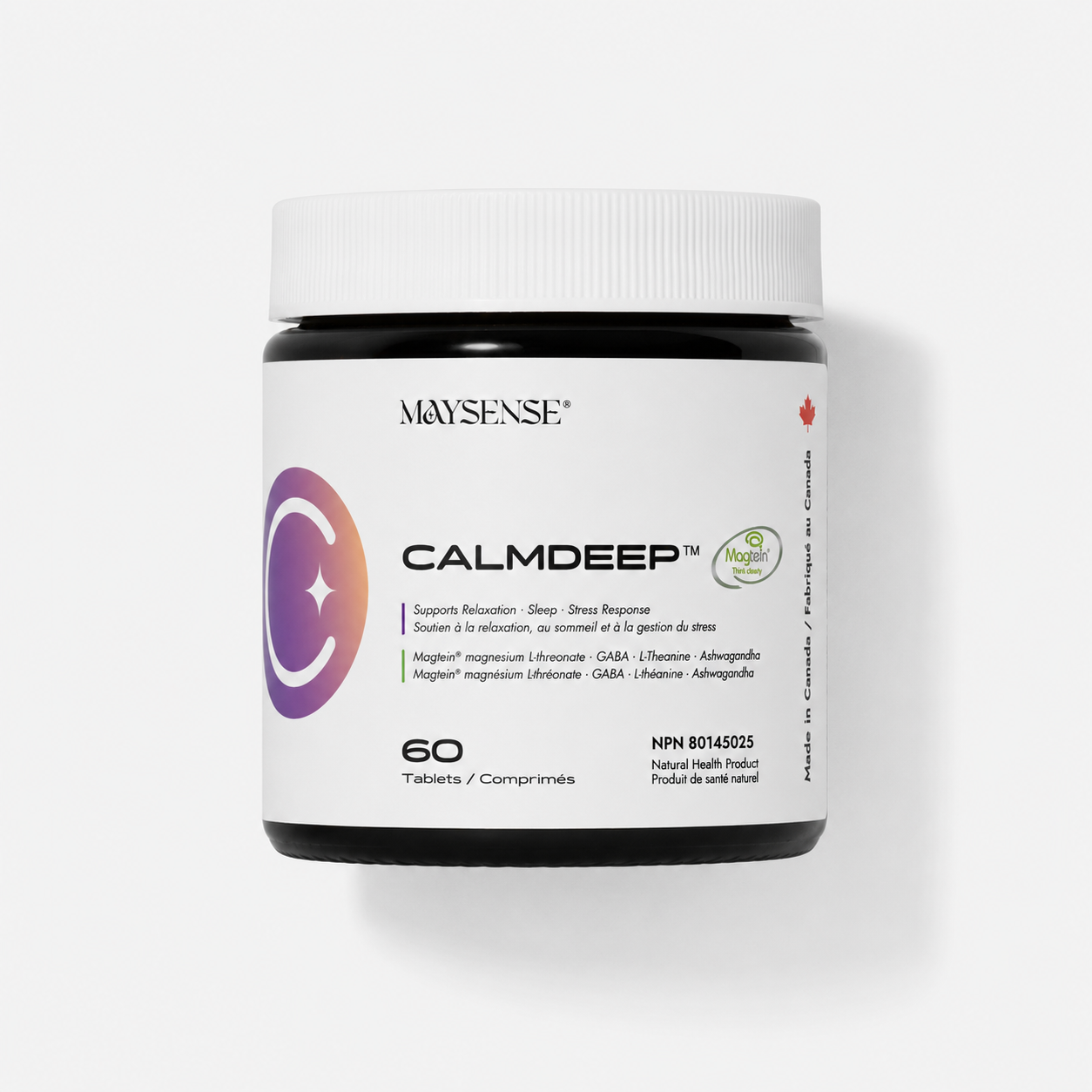 Maysense CalmDeep Magtein Magnesium L-Threonate and GABA relaxation and sleep support supplement bottle