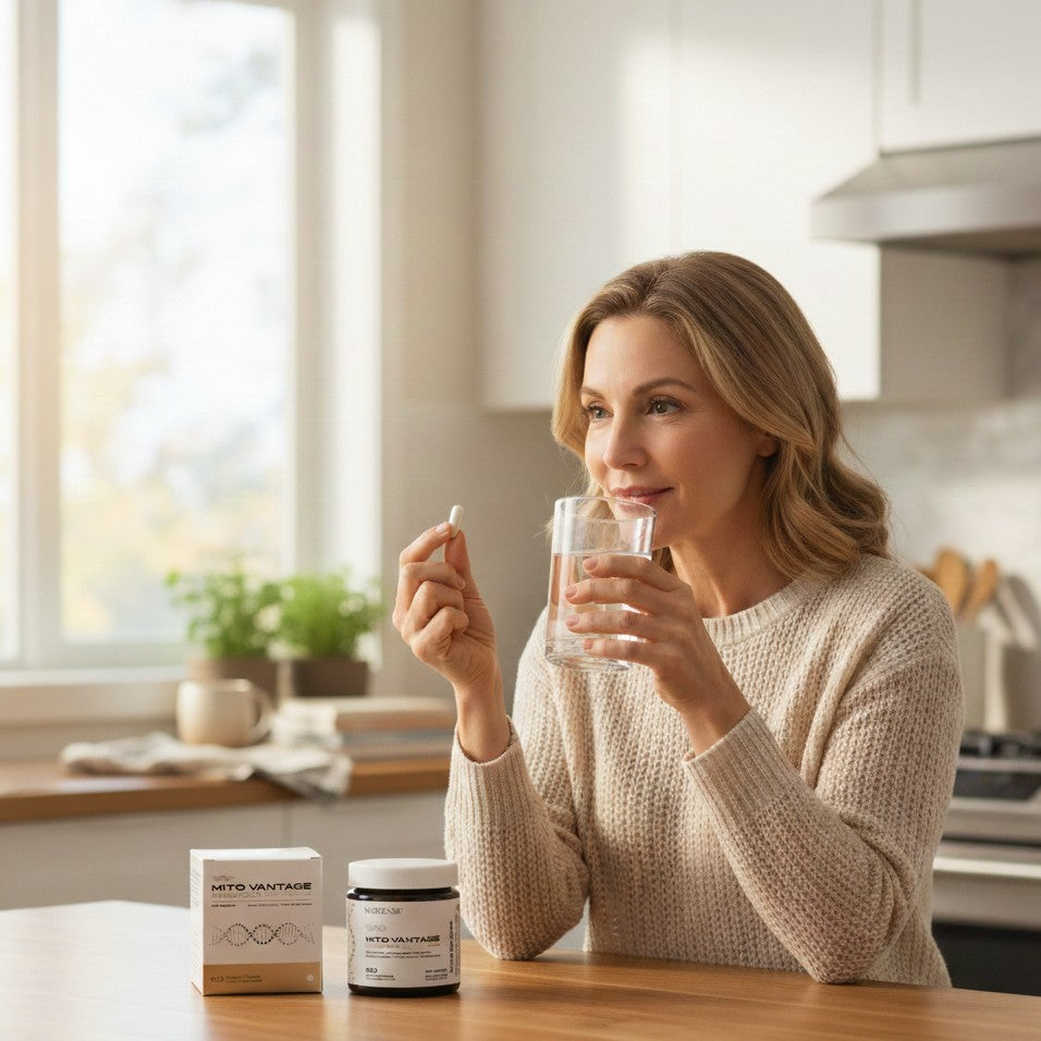 A bottle of Maysense MitoVantage on a morning table, showing a healthy daily routine for longevity and vitality