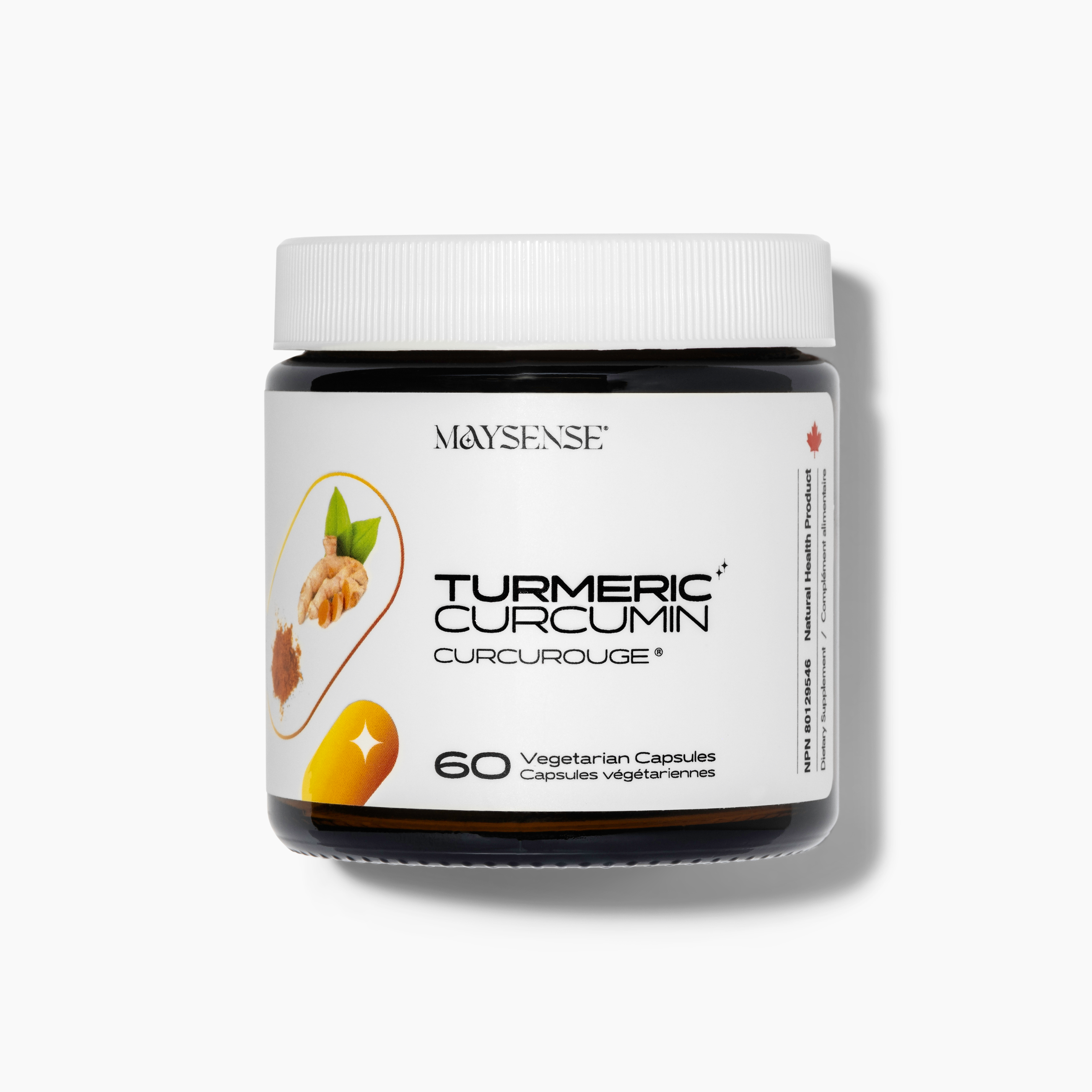 Maysense Turmeric Curcumin bottle featuring CurcuRouge technology, 60 vegan capsules for superior anti-inflammatory support.