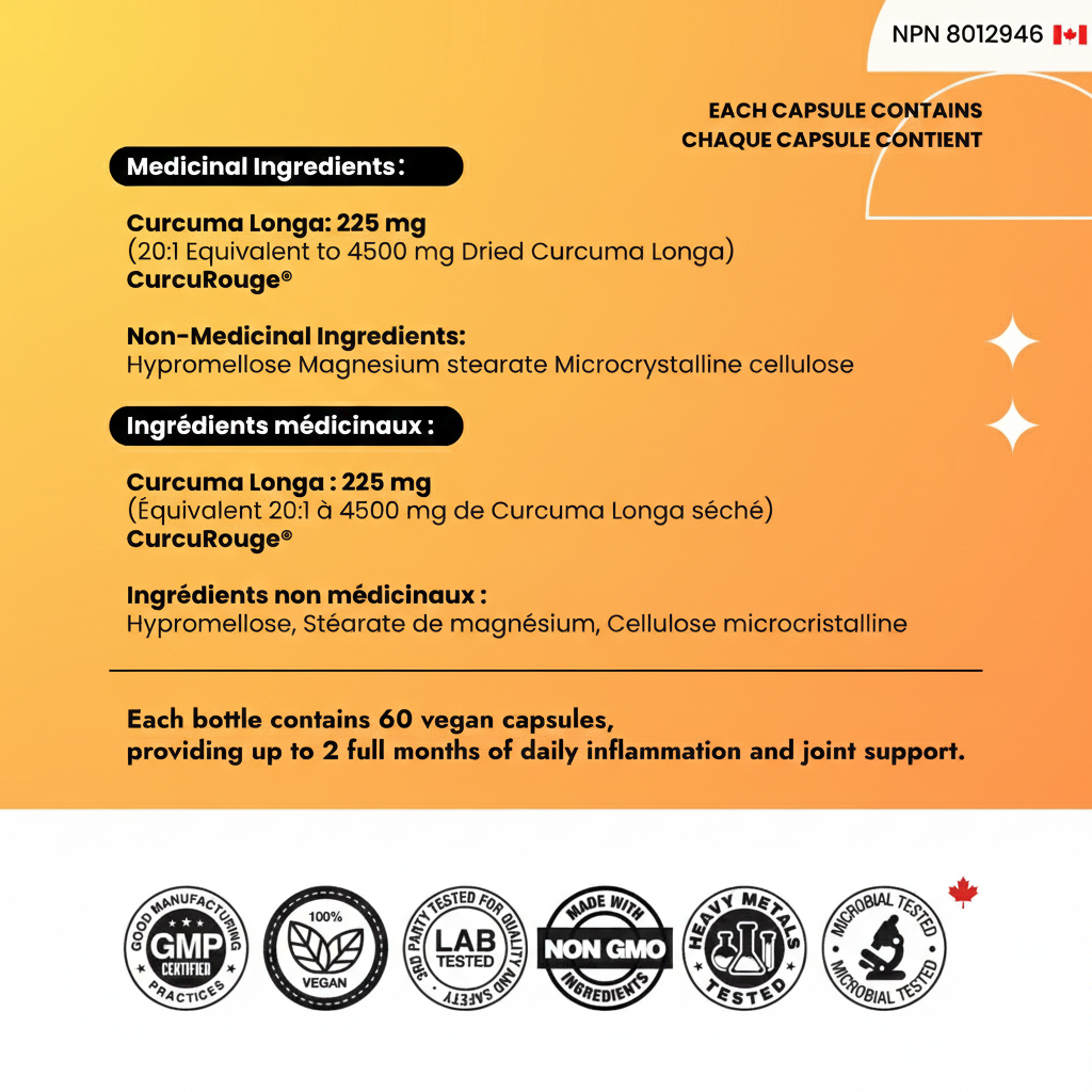 Detailed Supplement Facts label of Maysense Turmeric Curcumin showing pure ingredients, CurcuRouge dosage, and no fillers.