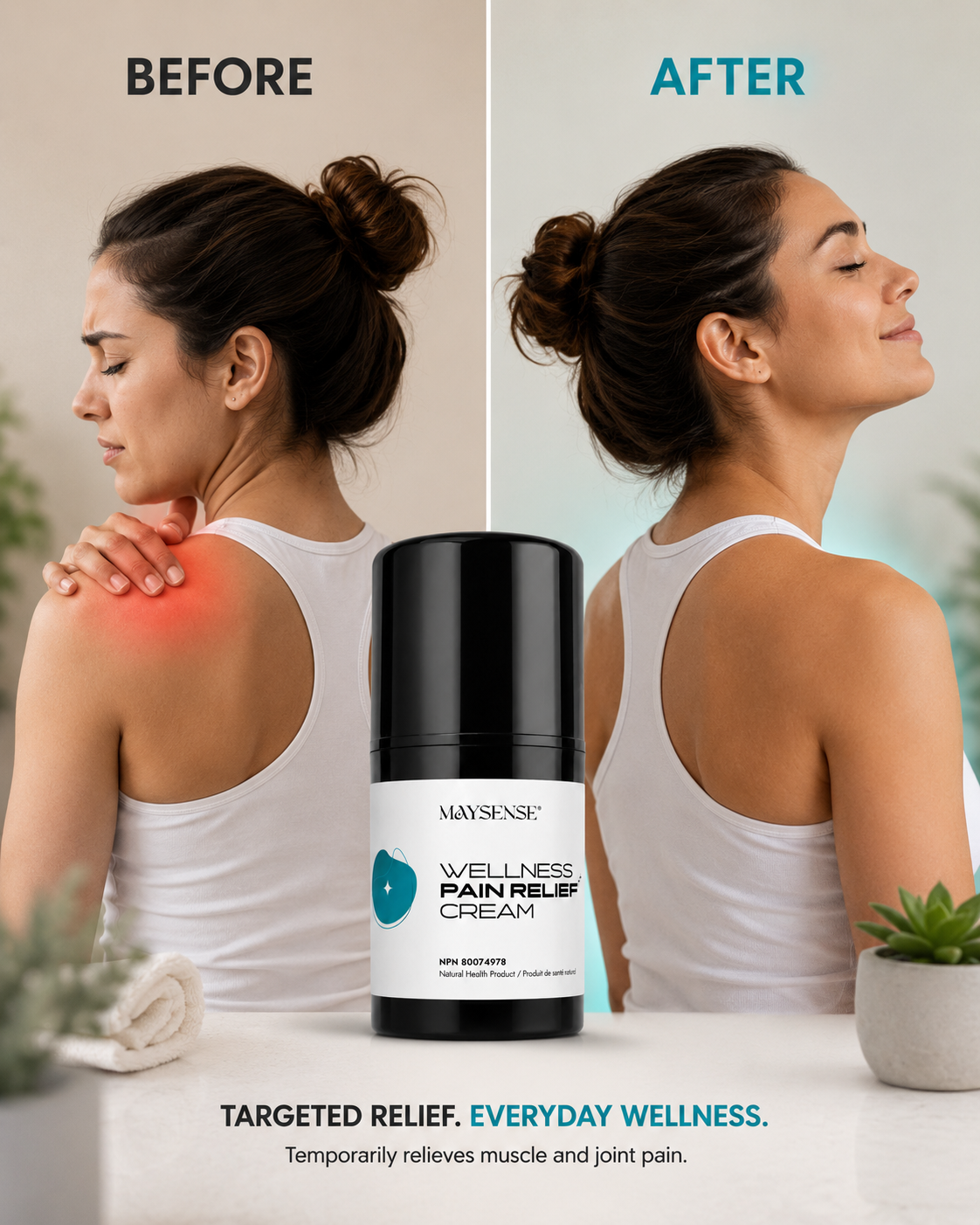 Before and after lifestyle comparison for MAYSENSE Wellness Pain Relief Cream showing reduced shoulder discomfort and temporary muscle and joint pain relief (Menthol 6%).