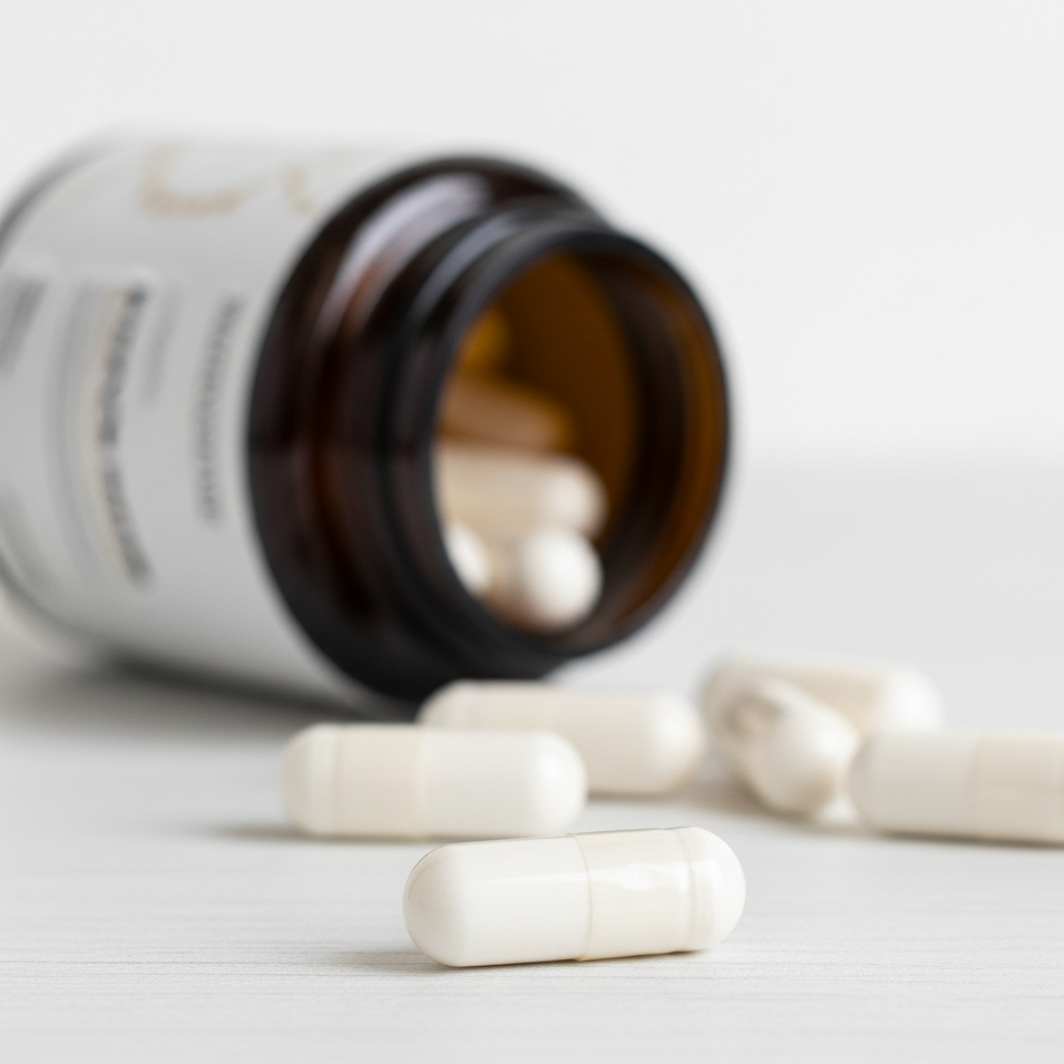 Close-up of MitoVantage 60 vegetarian capsules showing high-purity powder and pharmaceutical-grade texture