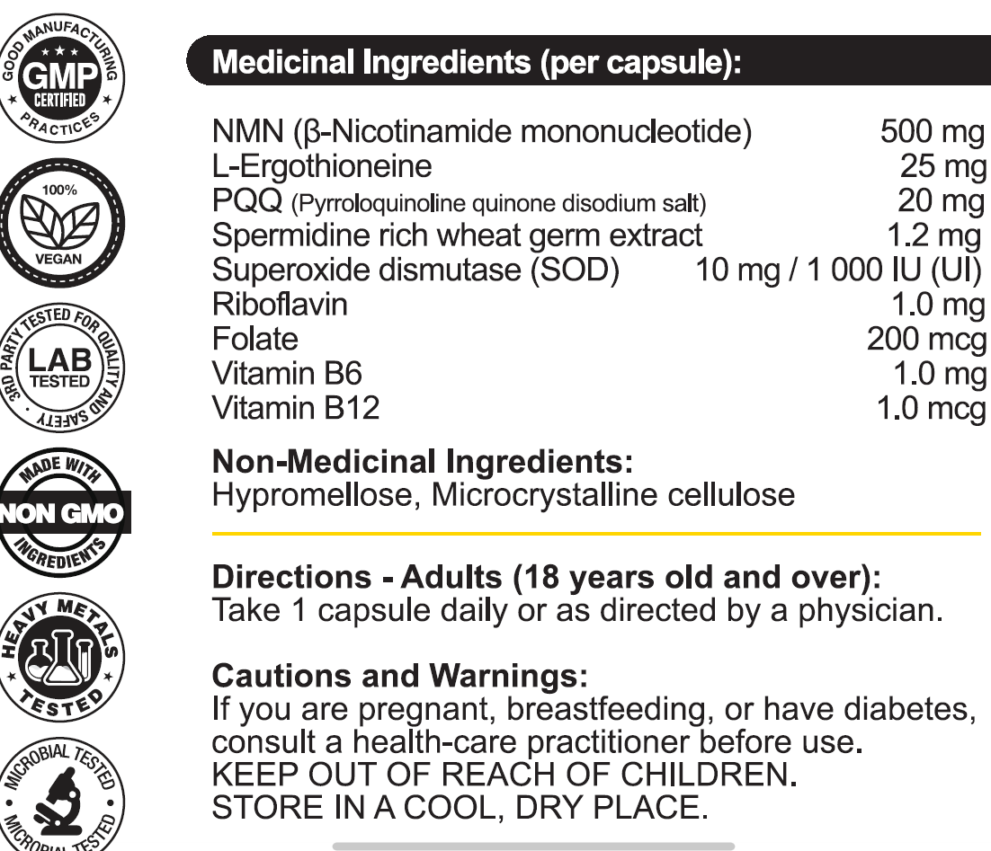 Key medicinal ingredients of MitoVantage: 500mg NMN, L-Ergothioneine, PQQ, Spermidine, and SOD for cellular energy