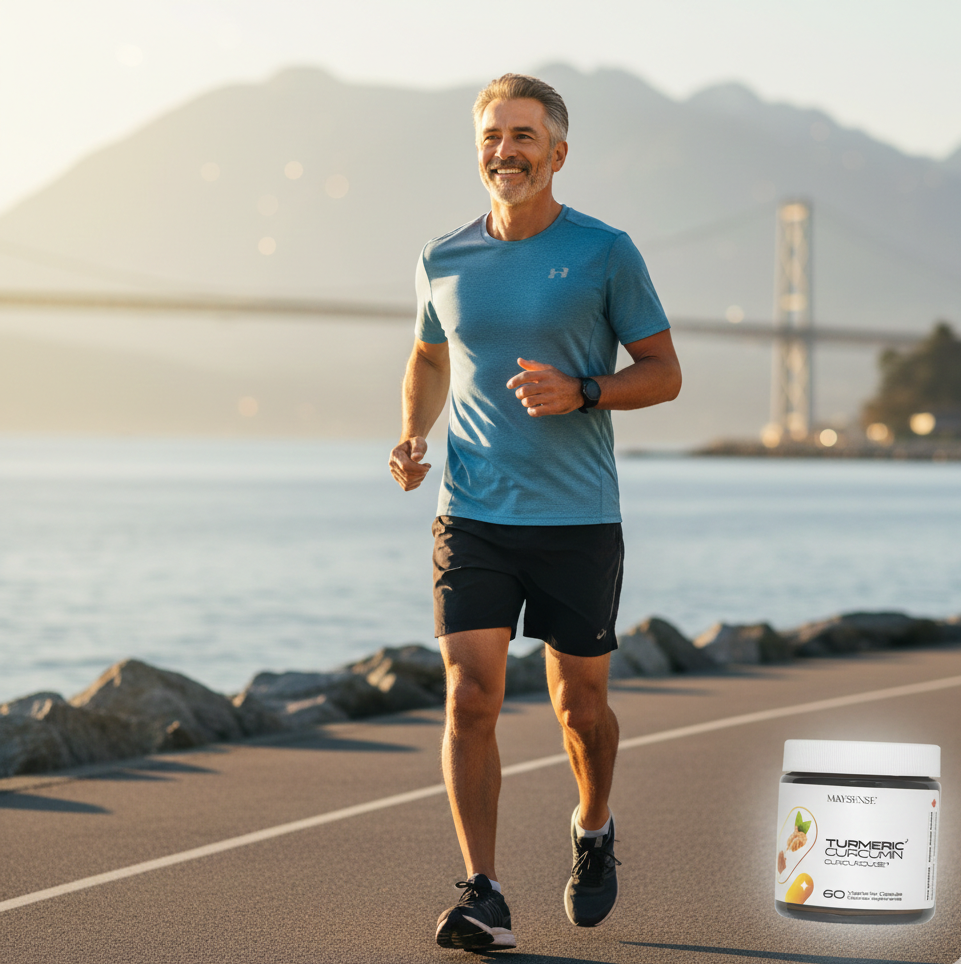 Scientific data display demonstrating Maysense Curcumin’s clinical efficacy in reducing joint pain and improving mobility scores.