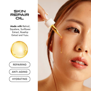 Asian women is holding the pump and dropping the best oil for skin repairing by Maysense skin repair oil, made with retinol, squalane, sunflower extract, rosehip extract and yuzu.