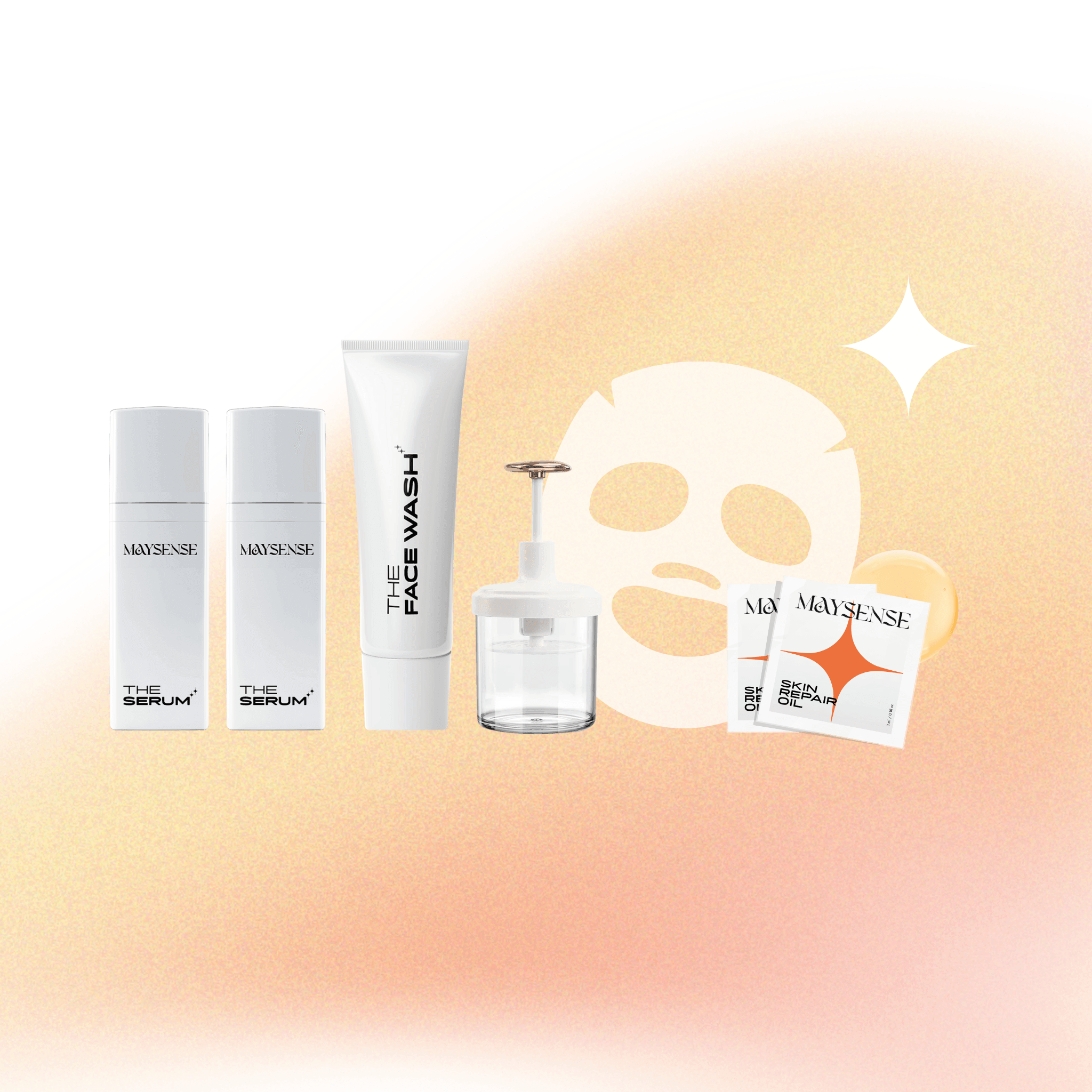 Maysense starter glow kit on sale for 79.9 included 2 bottle of best anti aging peptides serum, anti-aging cleanse, foam maker, facial mask, skin repair oil, 248value and free shipping for order above 120usd.