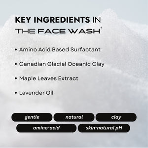 the key ingredients of the pH balanced face wash with amino acid based and canadian clacial oceanic clay by maysense.